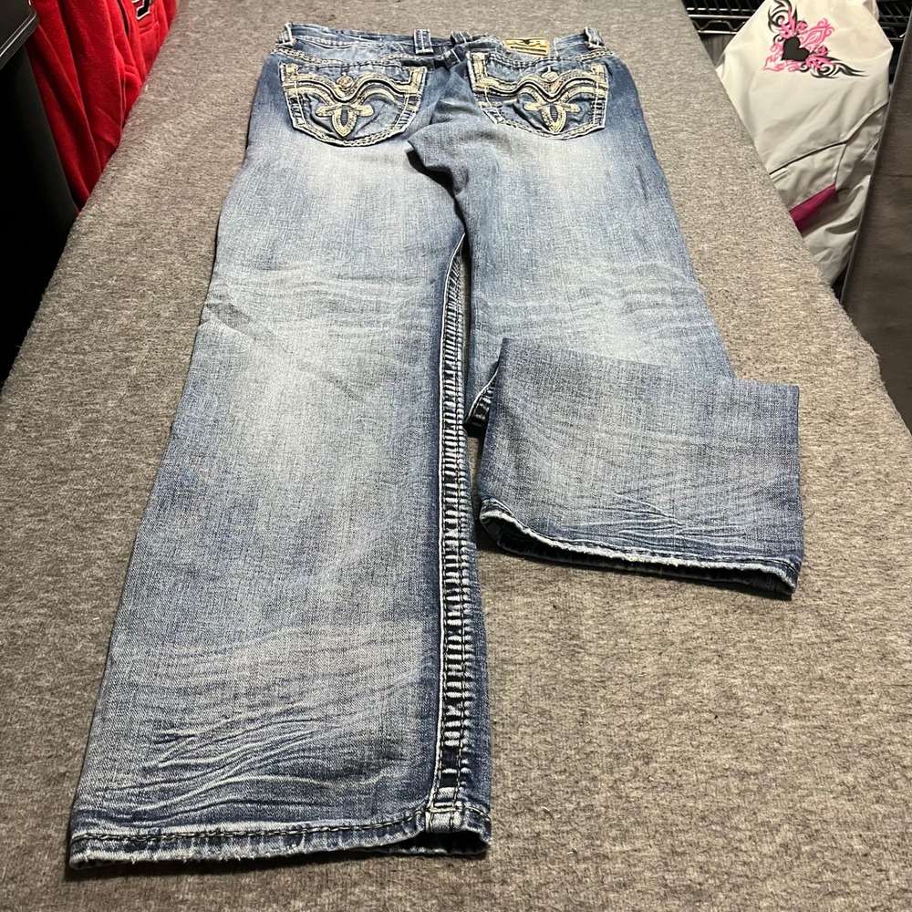 Rock Revival Brayen Slim Boot Jeans Mens 33 Distressed Blue Embroidered Denim